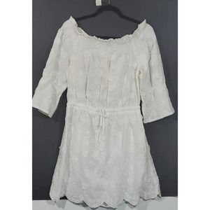 Solitaire Swim L White Lined Floral Appliques Smocked Neckline Handmade Dress